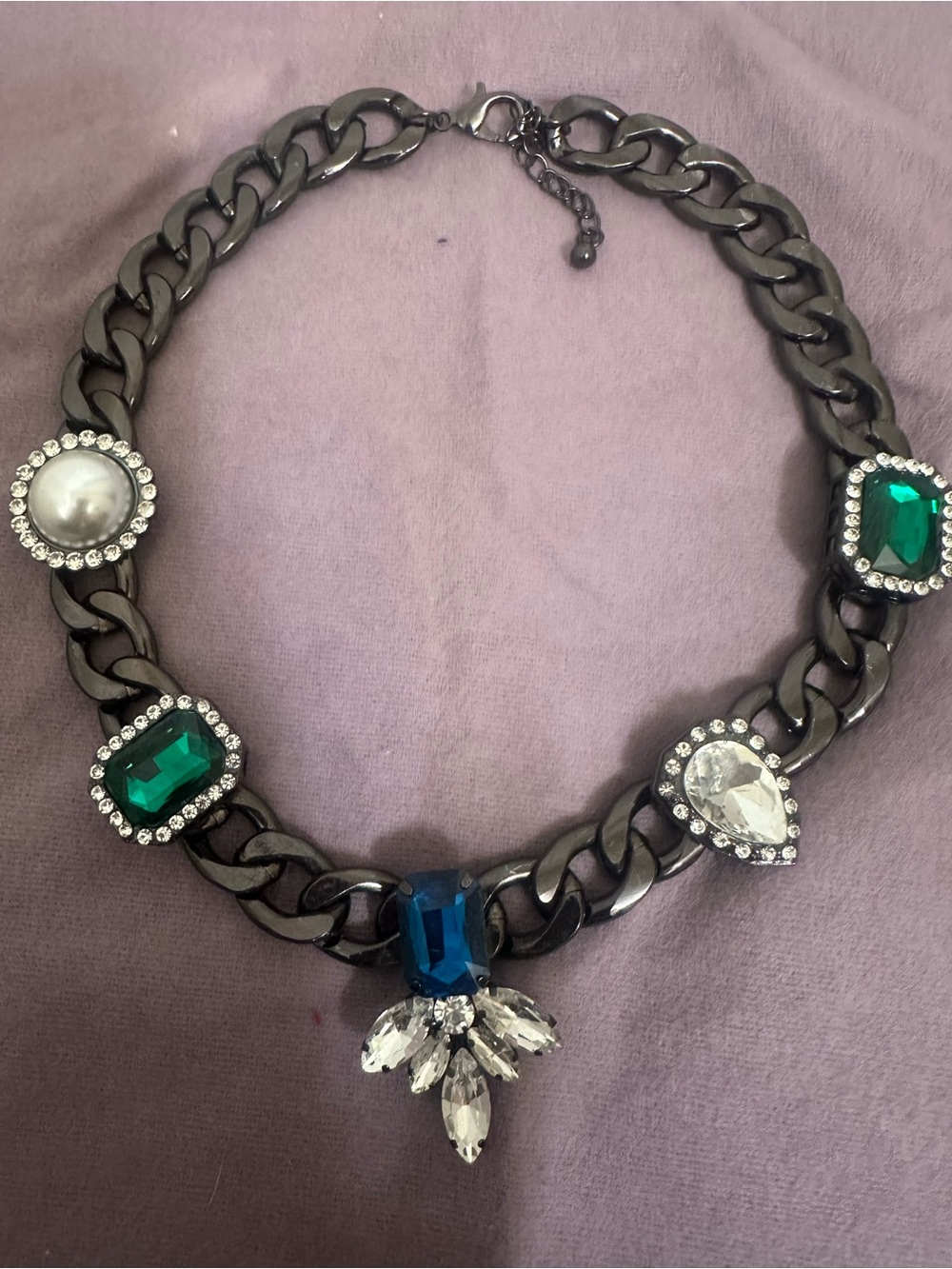 New Natasha Statement Black Chain Necklace with Blue, Green and Clear Gem Accent - Picture 2 of 4